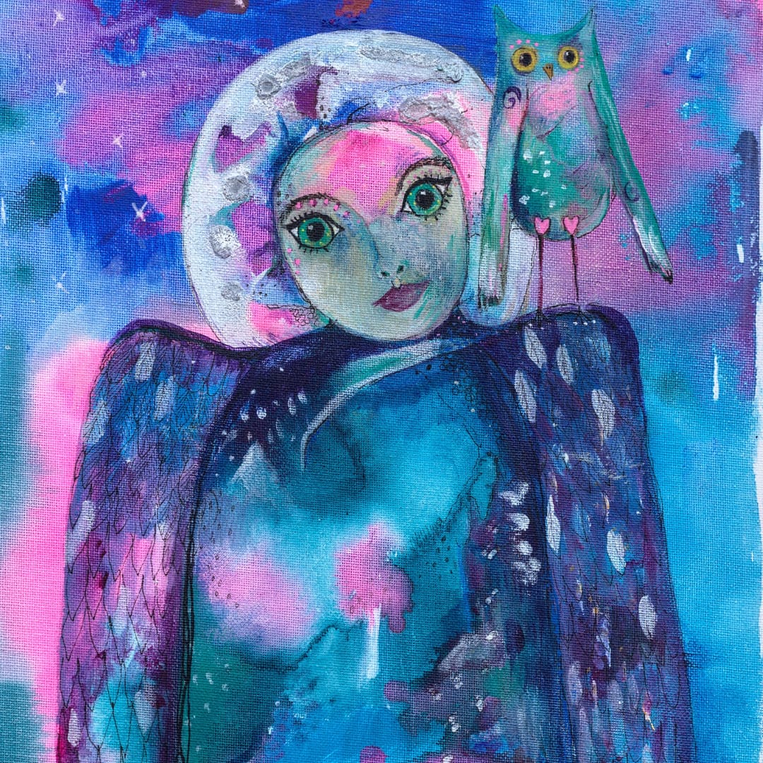 Magical angel print- abstract angel painted in blues and pinks with silver embellishment. Silver halo and mystical owl sits on the wing