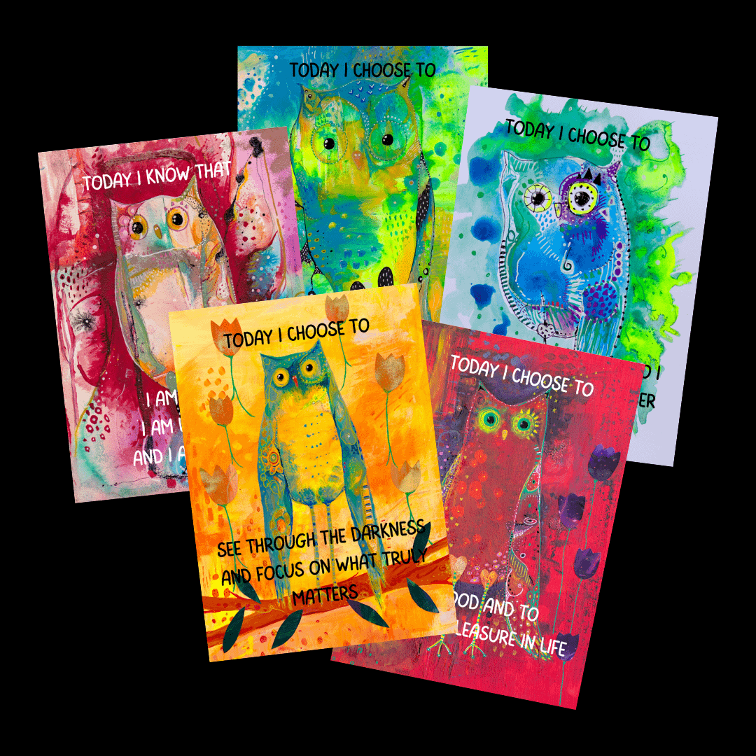 Owl affirmation cards - 5 owl paintings printed on postcards with powerful affirmations so you can start your day with positivity