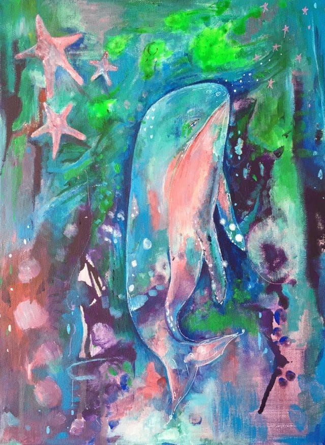 magical whale painting - whale is sleeping upright dreaming big! She is painted in tones of green, blue and pink. £ pink starfish swim beside her.