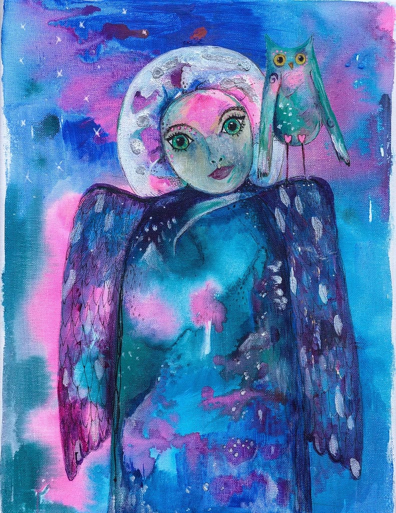 Magical angel print- abstract angel painted in blues and pinks with silver embellishment. Silver halo and mystical owl sits on the wing