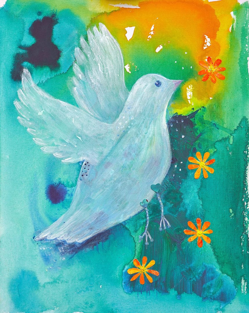 Dove art print - whimsical dove painting with heart shaped hips and orange marigolds (stylised) dancing beside her. As she takes flight she flies towards an abstract sun and above an abstract landscape of teals and greens